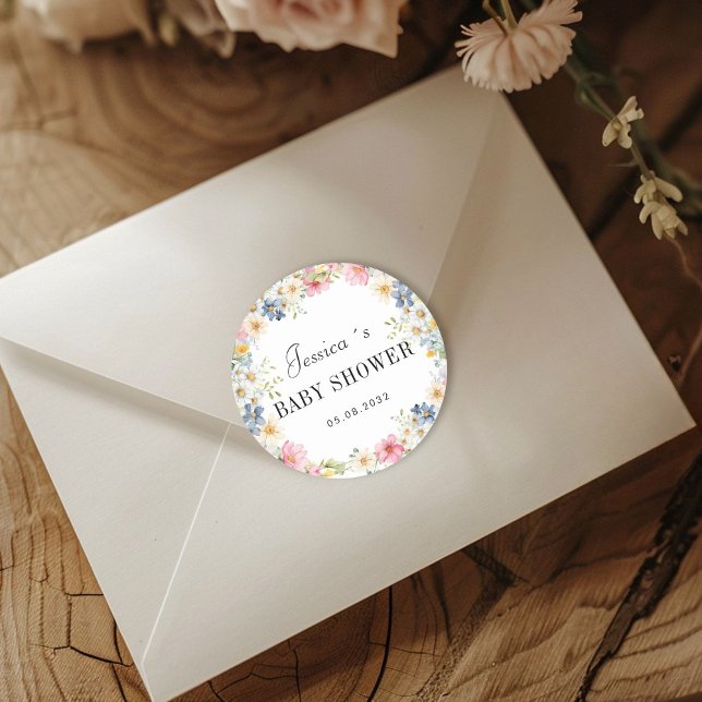 Adesivo Chá de fraldas de flor selvagem (Personalized Wildflower Baby Shower Classic Round Sticker with your name and date.)