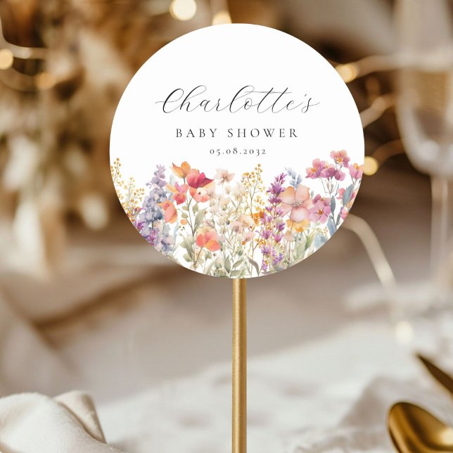 Adesivo Chá de fraldas de flor selvagem moderno (Personalized, Modern, Colorful, Wildflower Baby Shower Classic Round Sticker with your name & date.)