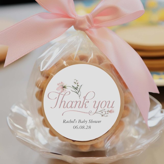 Adesivo Chá de fraldas De Flor Selvagem Rosa Elegante Ta (Elegant Pink Wildflower, Baby Girl shower favor thank you stickers.)