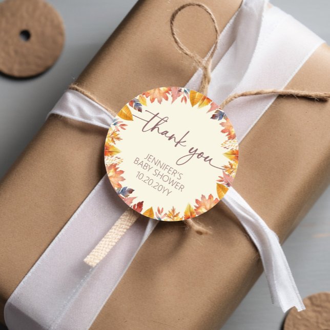 Adesivo Chá de fraldas De Folha De Aquarela Obrigado (Watercolor Fall Foilage Baby Shower Thank You Classic Round Sticker)