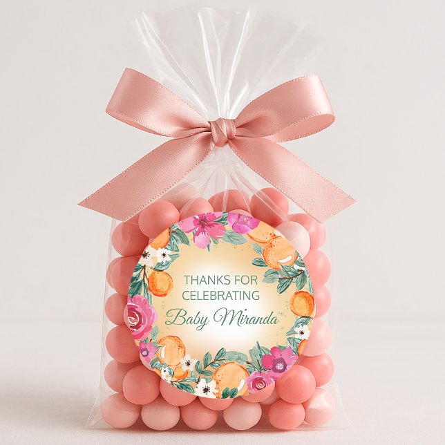 Adesivo Chá de fraldas de Fruta de Citrus, Garota Rosa Lar (Oranges and pink flowers "LIttle Cutie" baby shower sticker)