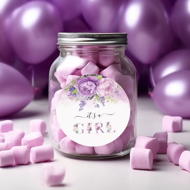 Adesivo Chá de fraldas De Garden Flowers De Púrpura E Rosa (Purple And Pink Garden Flowers Girl Baby Shower Classic Round Sticker!)