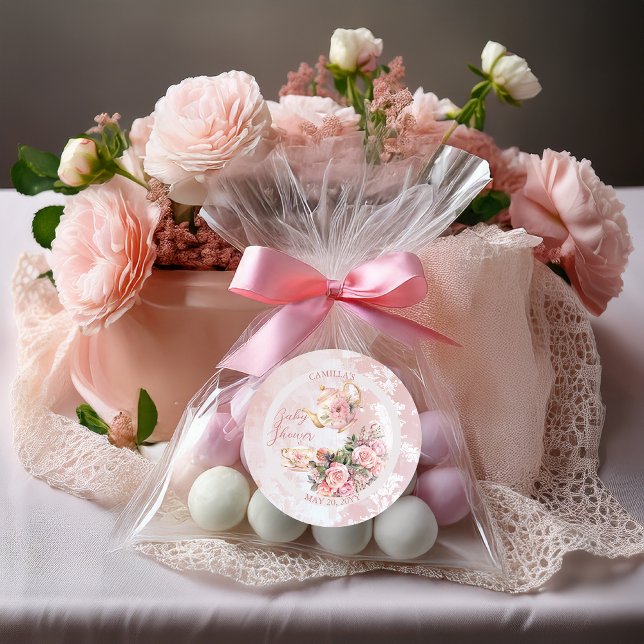 Adesivo Chá de fraldas de Garota Floral Elegante Rosa Alta (Elegant Pink Roses Floral High Tea Teapot and Teacup Girl Baby Shower Favor Stickers)