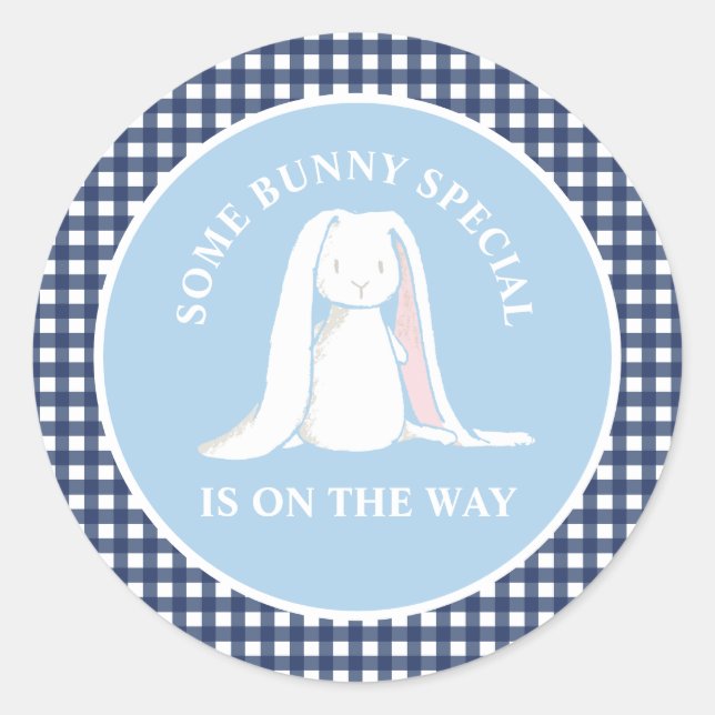 Adesivo Chá de fraldas de gingham azul Bunny (Frente)