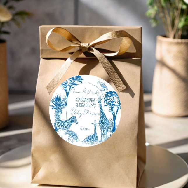 Adesivo Chá de fraldas de girafa azul Safari (Safari blue toile de jouy giraffe African animals baby shower thank you favor sticker templates)