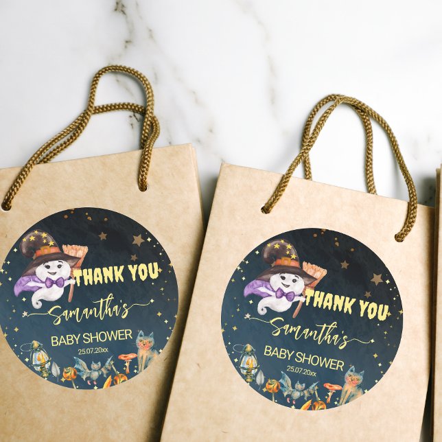 Adesivo Chá de fraldas de Halloween obrigado fantasma fofo (Halloween baby shower thank you favor gift stickers cute baby ghost starry night background)