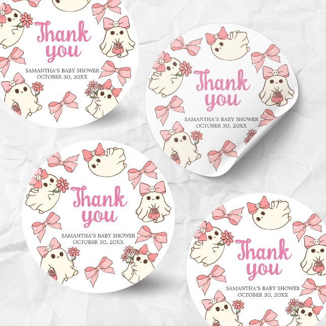 Adesivo Chá de fraldas de Halloween para Meninas Fantasmas (Pink Little Boo Halloween Baby Shower Sticker)