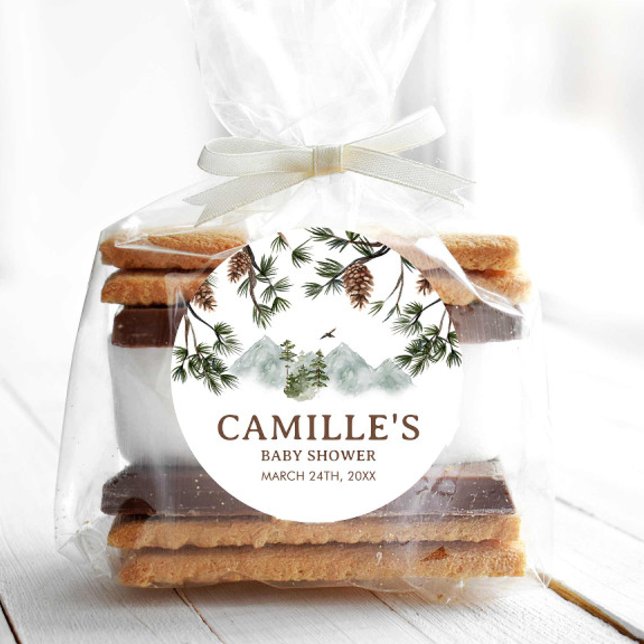 Adesivo Chá de fraldas de Menino das Montanhas Woodland (Mountain Forest Baby Shower favor round sticker)