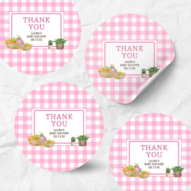 Adesivo Chá de fraldas De Mercado Dos Agricultores Cultiva (Pink Farmers Market Locally Grown Baby Shower Round Sticker)