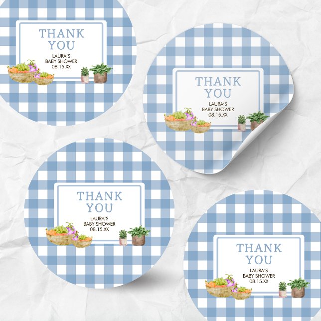 Adesivo Chá de fraldas de Mercado para Agricultores Cultiv (Blue Farmers Market Locally Grown Baby Shower Round Sticker)