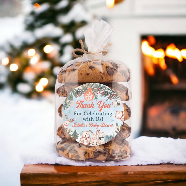 Adesivo Chá de fraldas de Natal para o inverno de animais  (Cute Arctic Animals Winter Christmas baby shower Classic Round Sticker)