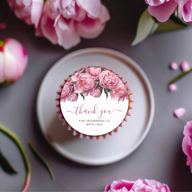 Adesivo Chá de fraldas de Peonias Rosa Obrigado (Pink Peonies Watercolor Baby Shower Thank You Classic Round Sticker)
