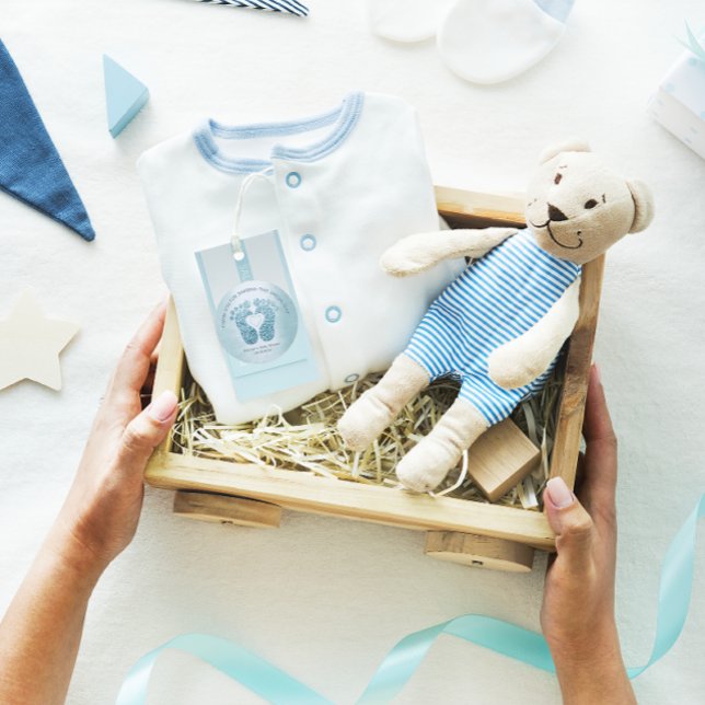 Adesivo Chá de fraldas de Pés Azuis Agradeço (Blue Heart Feet Baby Shower Favor Thank You Boy Classic Round Sticker)