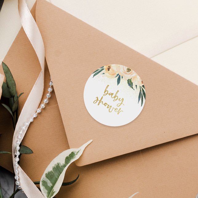 Adesivo Chá de fraldas de Script Dourado do Buquê Floral C (Sticker Mock-up)