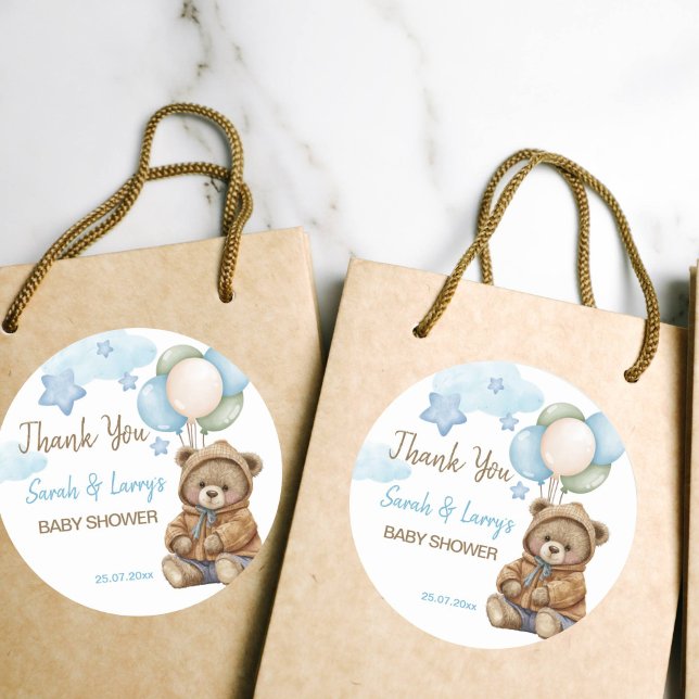 Adesivo Chá de fraldas de urso de pelúcia, espera obrigado (Teddy bear baby shower favor gift tags thank you favor tags cute teddy bear in a jacket)