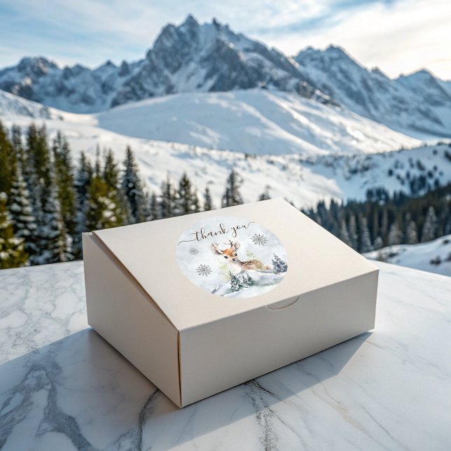 Adesivo Chá de fraldas De Veado Da Floresta De Inverno Obr (Winter Forest Baby Deer Baby Shower Thank You Classic Round Sticker)