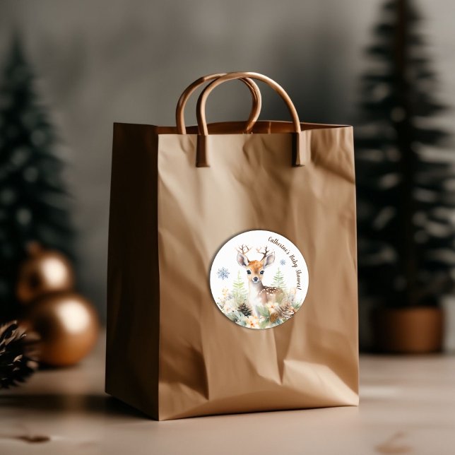 Adesivo Chá de fraldas de Veado da Madeira (Winter Deer Gender Neutral Baby Shower Classic Round Sticker)