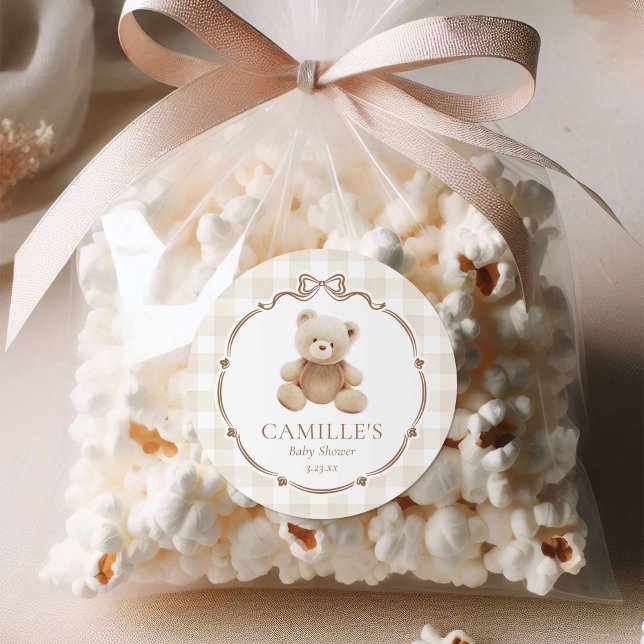 Adesivo Chá de fraldas de Xadrez do Urso de Teddy (Teddy Bear Baby Shower Round sticker)