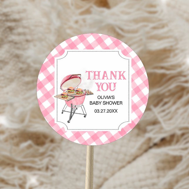 Adesivo Chá de fraldas do CHURRASCO do Burger Rosa (Pink Burger BBQ Baby Shower Sticker)