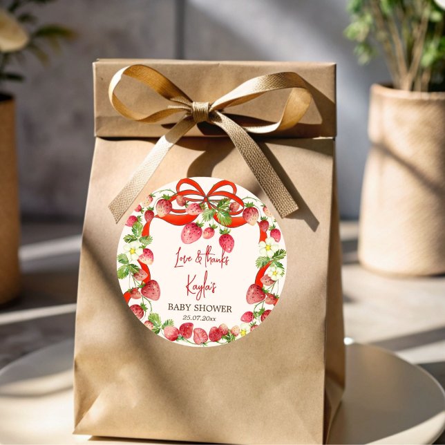 Adesivo Chá de fraldas do coquetel do arco da fita Strawbe (Strawberry ribbon bow coquette baby shower favors 
 personalized printed sticker)