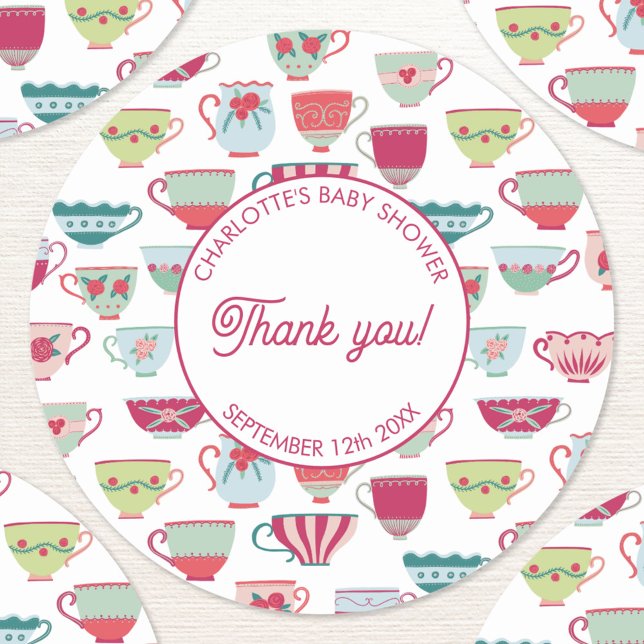 Adesivo Chá de fraldas do Tea Party Retro (Modern retro tea party baby shower thank you stickers)