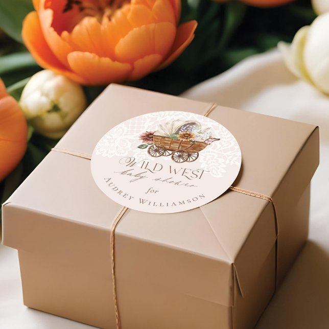 Adesivo Chá de fraldas do Vagão Floral Ocidental do Oeste  (Wild West Country Western Floral Wagon Baby Shower Classic Round Sticker)