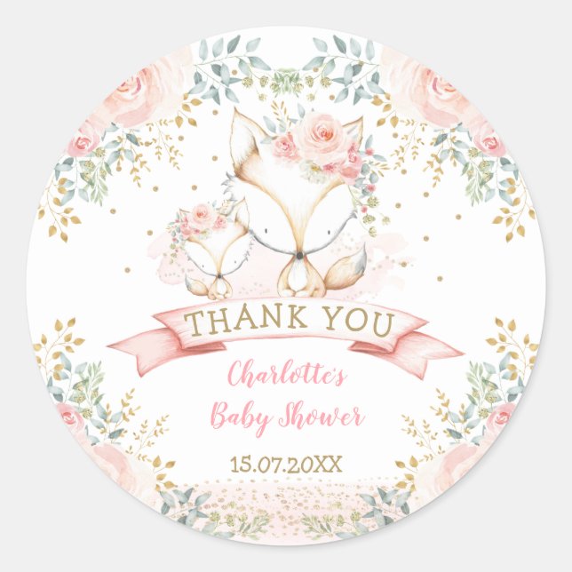 Adesivo Chá de fraldas Dourado Floral Fox Boho Woodland (Frente)