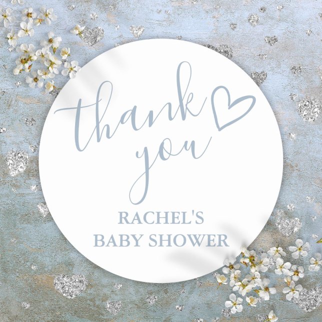 Adesivo Chá de fraldas Dusty Blue Boy Script Heart Obrigad (Dusty Blue Boy Baby Shower Script Heart Thank You Classic Round Sticker)