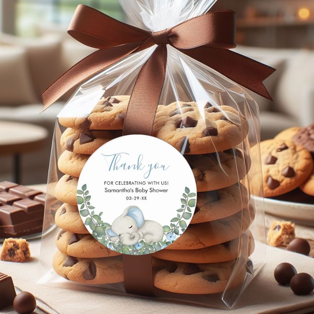 Adesivo Chá de fraldas Elefante Azul De Aquarela Obrigado (Criador carregado)