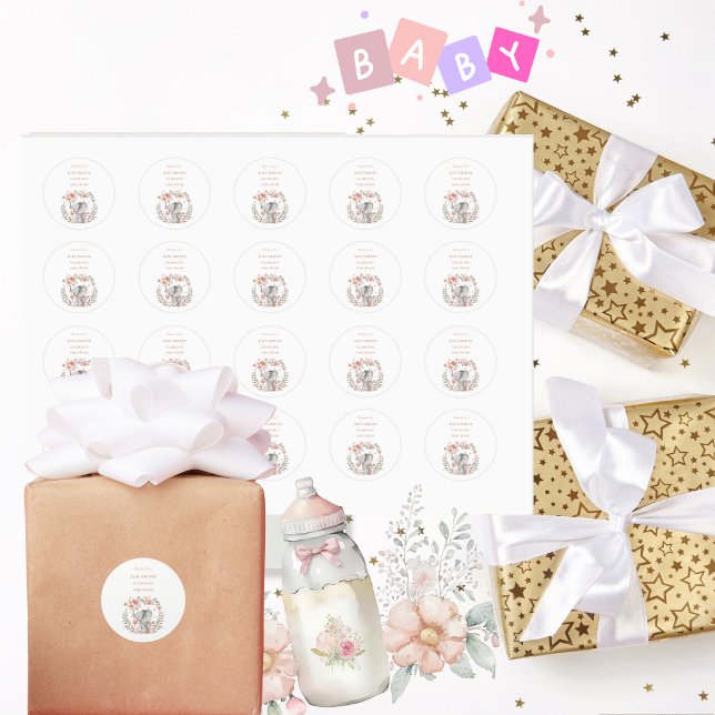 Adesivo Chá de fraldas Elegante de Elefante Rosa (Elegant Round Baby Shower Stickers)