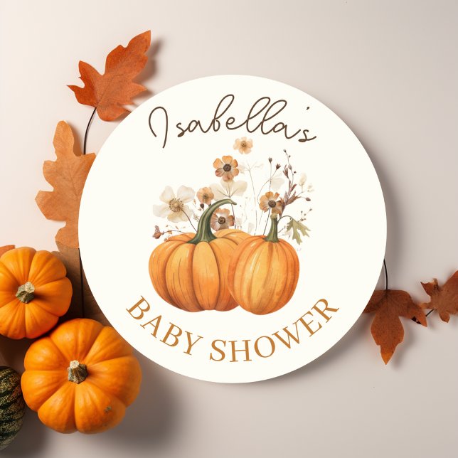 Adesivo Chá de fraldas Floral da Abóbora (Fall Pumpkin Floral Round Sticker)