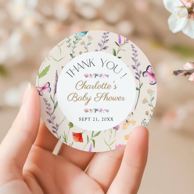 Adesivo Chá de fraldas Floral De Flor Selvagem Obrigado A  (Wildflower Floral Baby Shower Thank You Favor Classic Round Sticker)