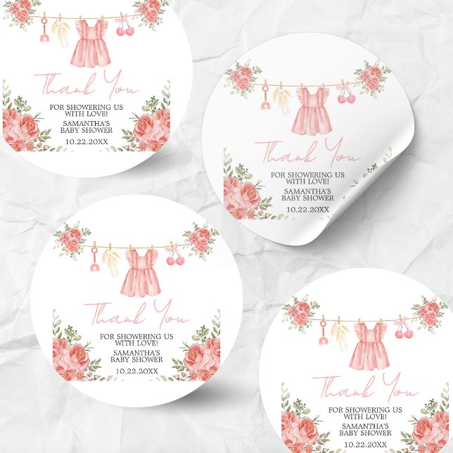 Adesivo Chá de fraldas Floral Rosa Boho (Sweet Little Girl Boho Floral Clothesline Baby Shower Sticker)