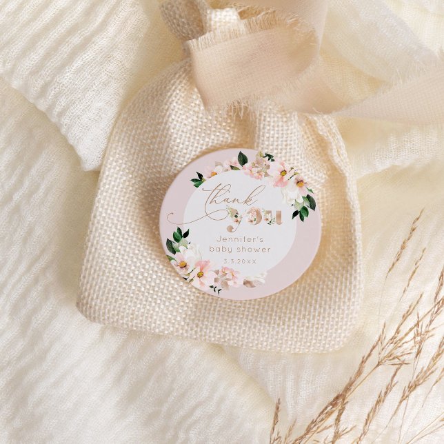 Adesivo Chá de fraldas floral rosa brilhante obrigado (Criador carregado)