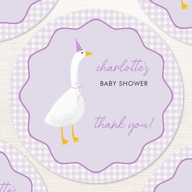 Adesivo Chá de fraldas Gingham Pequeno Obrigado (Little Goose geese themed baby shower thankyou personalized sticker in pastel lilac with gingham )