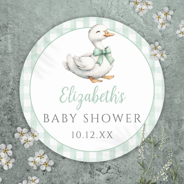 Adesivo Chá de fraldas Gingham Verde bobo Pequeno Ganso (Silly Little Goose Green Gingham Baby Shower Classic Round Sticker)