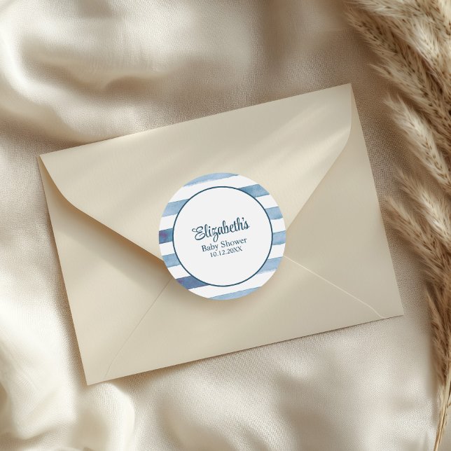 Adesivo Chá de fraldas marinho Blue Watercolor Striper  (Navy Blue Watercolor Stripes Baby Shower Classic Round Sticker on a wedding envelope.)