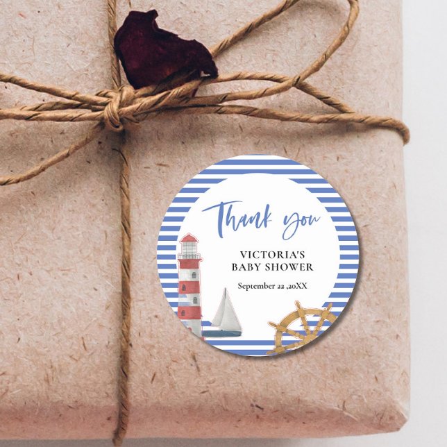 Adesivo Chá de fraldas Náutico Azul Obrigado (Criador carregado)