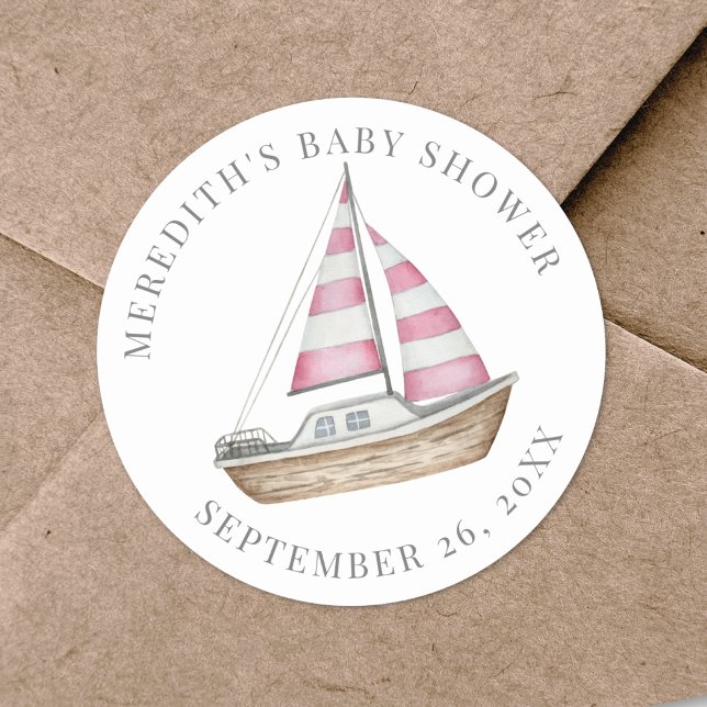Adesivo Chá de fraldas náutico rosa (Pink Nautical Baby Shower Classic Round Sticker)