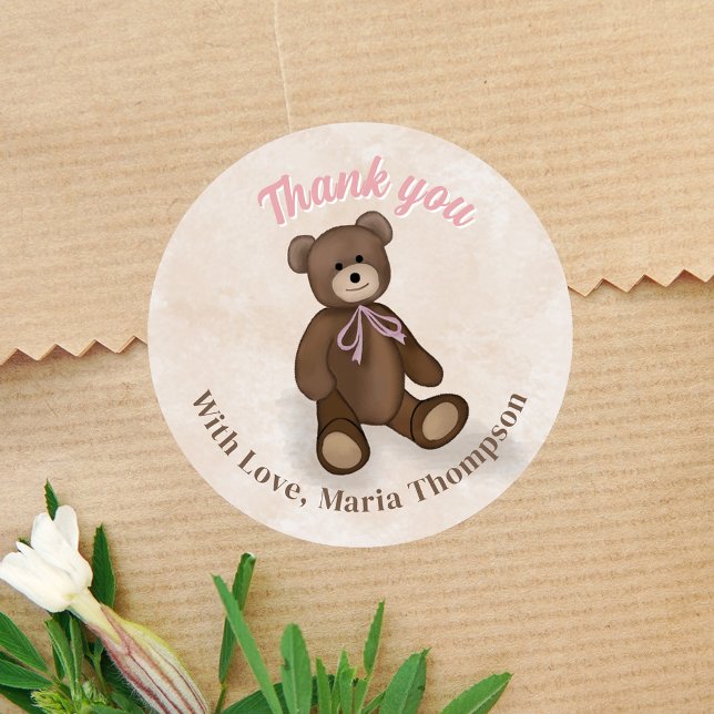 Adesivo Chá de fraldas Obrigado Urso Rosa (Cute Baby Shower Custom Party Favor Stickers.)
