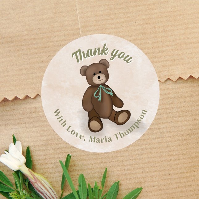 Adesivo Chá de fraldas Obrigado Urso Verde (Cute Vintage Style Baby Shower Stickers. )
