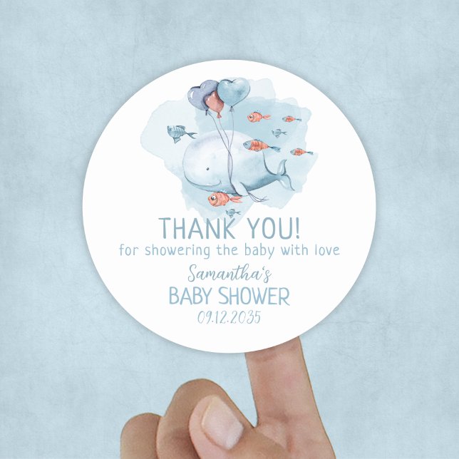 Adesivo Chá de fraldas Personalizado De Baleia Obrigado (Custom Whale Boy Baby Shower Thank You Classic Round Sticker
)