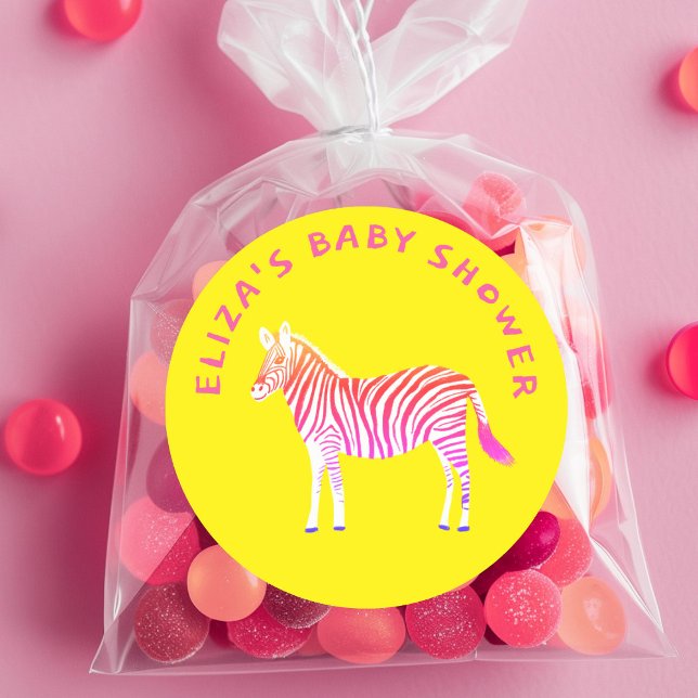 Adesivo Chá de fraldas Personalizado de Zebras Colorida Bo (Cute Colorful Zebras Custom Baby Shower Classic Round Sticker
Yellow Pink)