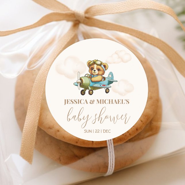 Adesivo Chá de fraldas-piloto de avião de Bear Bear de Ted (Teddy Bear Baby Pilot Airplane Baby Shower Classic Round Sticker)