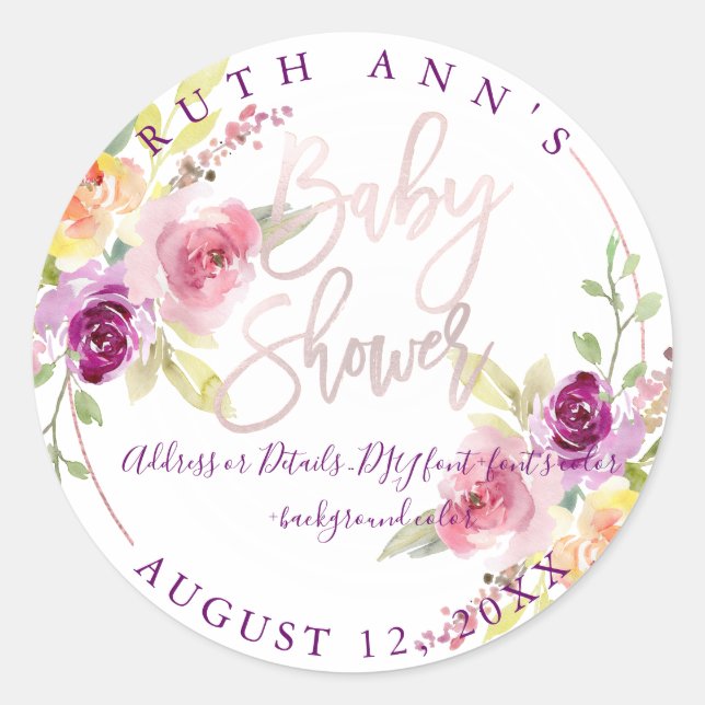 Adesivo Chá de fraldas PixDezines, Floral Watercolor, Plum (Frente)