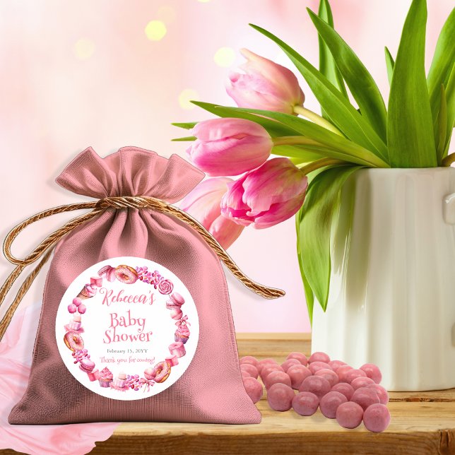 Adesivo Chá de fraldas Rosa Candy Frame Girl (Pink Candy and Treats Frame Girl Baby Shower Favor Classic Round Sticker)