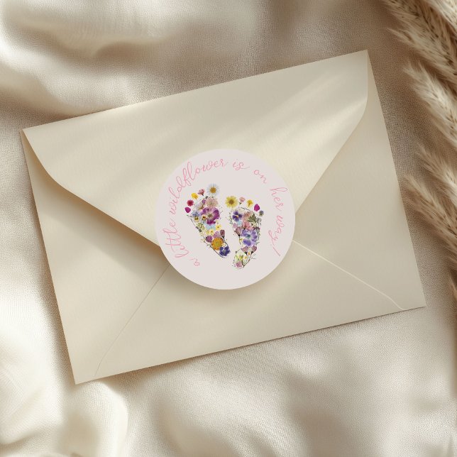 Adesivo Chá de fraldas Rosa das Pegadas de Flor Selvagem (Pressed Wildflower footprints pink floral feet personalized cute baby girl  shower envelope stickers)