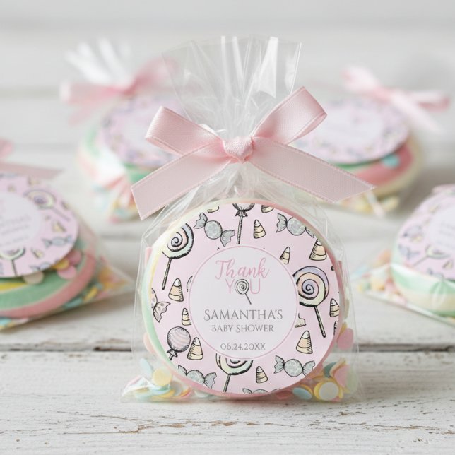 Adesivo Chá de fraldas Rosa Muito Obrigado, Vinheta (Pink Lollipop Candy Cute Girly Thank You Baby Girl Shower Stickers for Mother to Be. Candy Stickers )