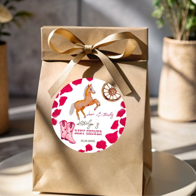 Adesivo Chá de fraldas rosa-rosa giro ocidental do rodeo (Cowgirl western rodeo favor sticker cute horse baby shower favors pink cow pattern thank you sticker)