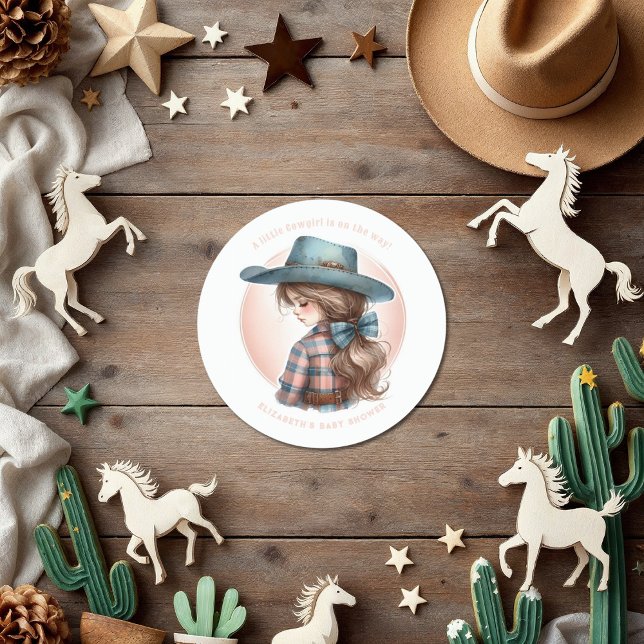 Adesivo Chá de fraldas Russo de Garotinha Ocidental (Rustic Western Little Cowgirl Baby Shower Classic Round Sticker)